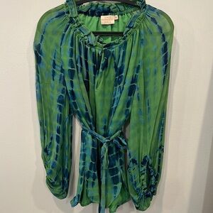Vibrant Green and Blue Tie Front Tunic with Long Sleeves and Relaxed Style